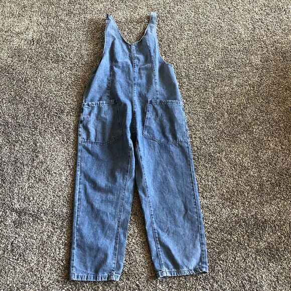 Womens Denim Bib Overalls Size Med Pockets Med Wash Wide Leg - Picture 4 of 5